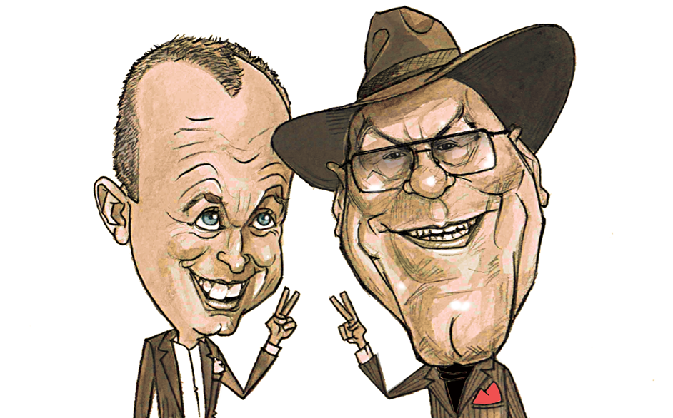Spoločná karikatúra dvoch mužov – jeden ako herec v kostýme a druhý ako konferenciér v obleku, s vtipne zveličenou mimikou na papieri A3.