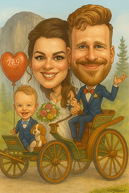 Farebná karikatúra novomanželov v historickom kočiari s bábätkom, ručne kreslený motív od Janka Toraka.