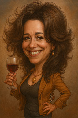 Narodeninová karikatúra ženy pripíjajúcej si pohárom červeného vína, originálna ručná kresba od Janka Toraka. 