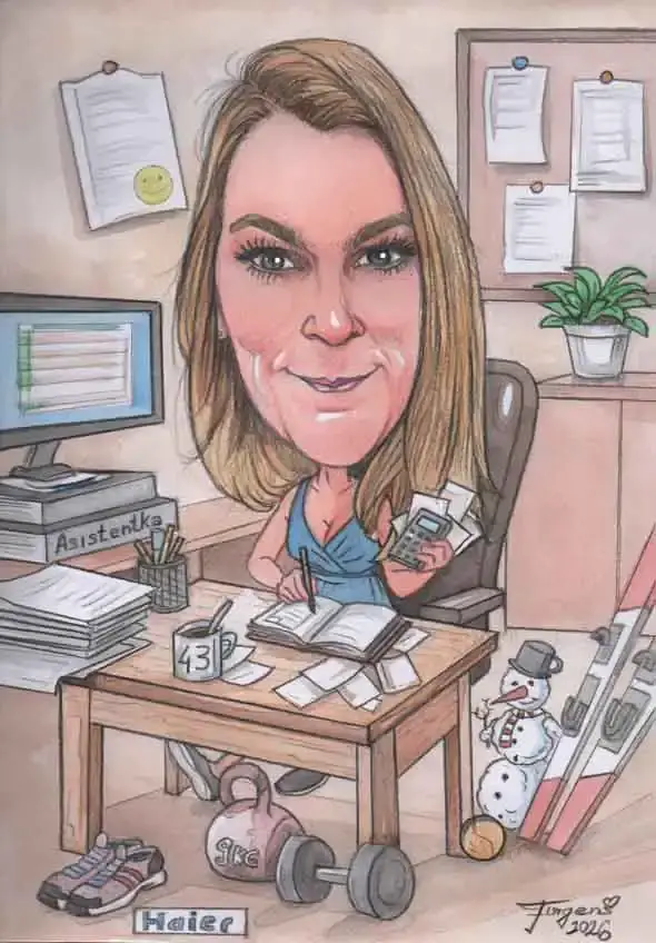 Farebná karikatúra sekretárka A3 ako narodeninový darček z fotky.