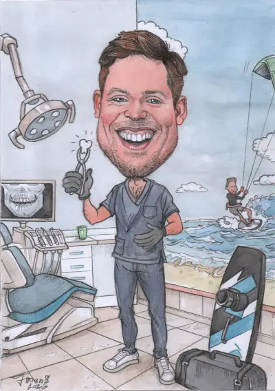 Veselá farebná karikatúra doktora dentistu držiaceho v ruke zub