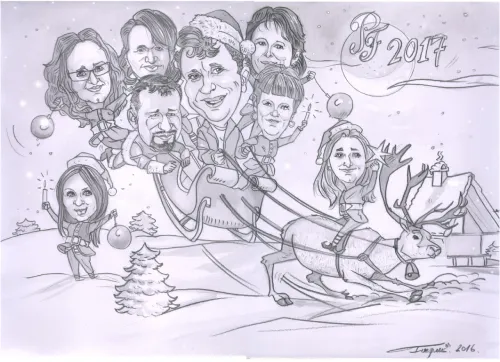 Firemná PF novoročenka zo skupinovej karikatúry kolektívu ako vianočné priani