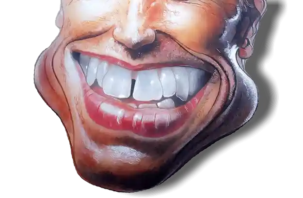 Vtipná farebná karikatúra Arnolda Schwarzeneggera so širokým, žiarivým úsmevom a výraznou sánkou.