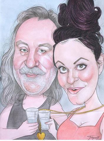 Karikatúra dvoch osôb od karikaturistu Janka nakreslená na firemnej akcii vo Viedni ako zábava pre hostí. 