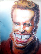 Vtipná karikatúra Arnolda Schwarzeneggera ako Terminátora s kamennou tvárou, slnečnými okuliarmi a časťou kovovej kostry vykukujúcej spod kože