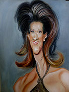 Vtipná karikatúra Celine Dion s dokorán otvorenými ústami pri speve, jednou rukou na hrudi a s prehnane výraznými lícnymi kosťami.