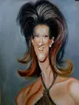 Vtipná karikatúra Celine Dion s dokorán otvorenými ústami pri speve, jednou rukou na hrudi a s prehnane výraznými lícnymi kosťami.
