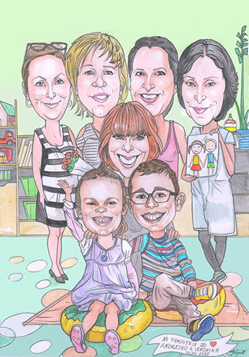 Farebná karikatúra viacerých osôb od karikaturistu Janka nakreslená na firemnej akcii v Košiciach.