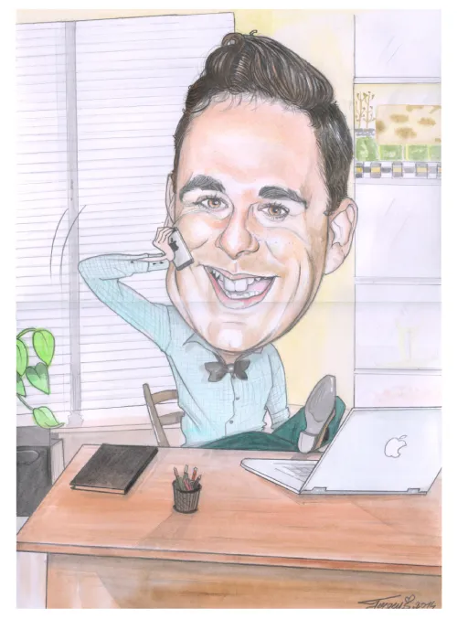 Originálna biznis karikatúra šéfa s telefónom na mieru ako vtipný darček pre riaditeľa alebo manažéra