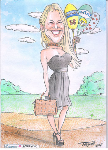 Farebná karikatúra ženy s pestrofarebnými balónikmi od karikaturistu Janka, nakreslená ako pamiatka na oslave. 