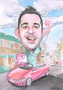 Karikaturista Janko kreslí vtipný rýchlo-portrét hosťa na svadobnej hostine ako darček a zábavný program.