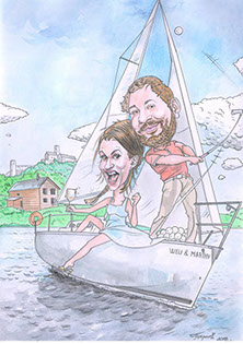 Profesionálny rýchlokresliar Janko v akcii na firemnom večierku, tvorba karikatúr naživo pre zamestnancov.