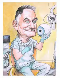 Karikatúra lekára, ktorý vyšetruje pacienta u očného.