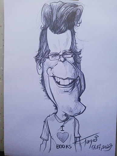 Vtipná karikatúra pána s veľkou ofinou od karikaturistu Janka nakreslená na firemnej akcii vo Veľkom Šariši. 