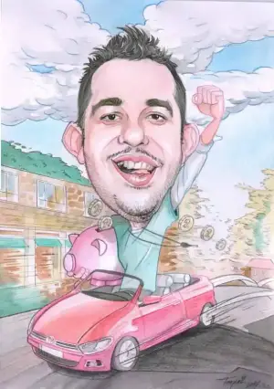 Ručne kreslená farebná karikatúra jednej tváre z fotky, formát A3 na zákazku