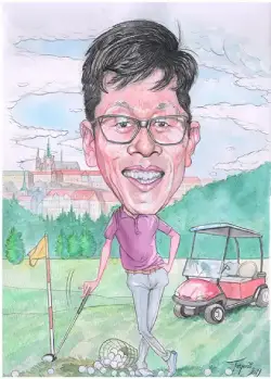 Farebná karikatúra tváre podľa fotografie na formáte A3 s motívom golfu
