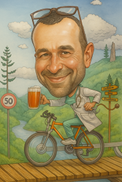 Karikaturista kreslí hosťa na evente ,jak ide na bicikli.