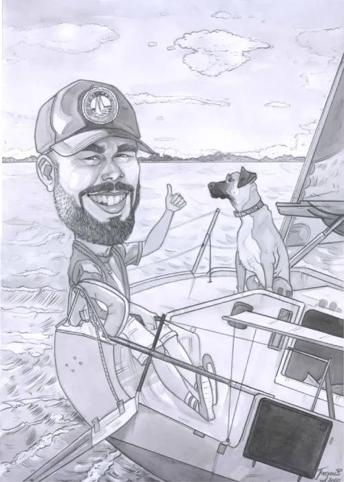Originálna karikatúra na jachte so psom na mieru ako darček pre jachtára a kapitána