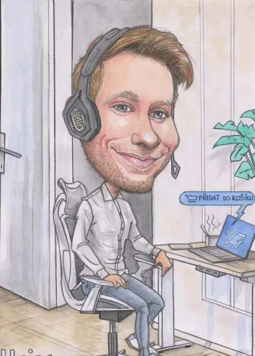 Farebná karikatúra IT programátora za počítačom z fotky ako darček pre kolegu.