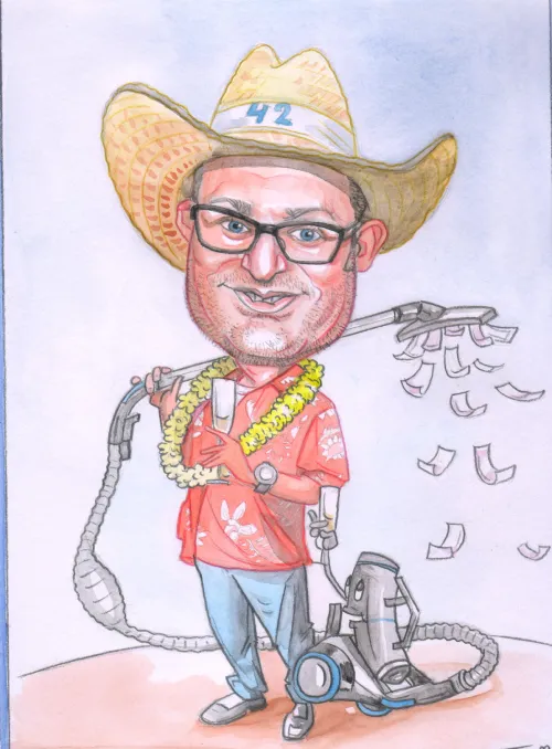 Farebná karikatúra elegána v klobúku a obleku kreslená z fotky ako darček.