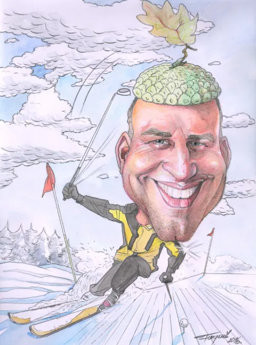 Originálna lyžiarska karikatúra so žalúďom na hlave na mieru ako vtipný darček pre lyžiara
