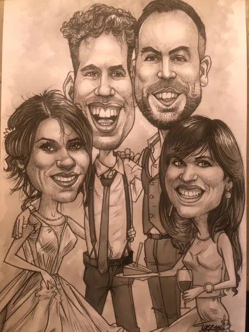 Originálna skupinová karikatúra pre 4 osoby na jednom papieri ako darček k rodinnej oslave alebo jubileu