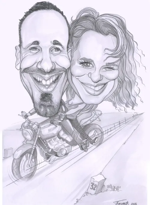 Originálna farebná karikatúra páru na motorke na mieru ako darček pre motorkárov