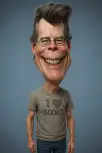 Vtipná karikatúra Stephena Kinga s jeho typickými veľkými okuliarmi, strapatými šedivými vlasmi a mierne zlovestným úsmevom.