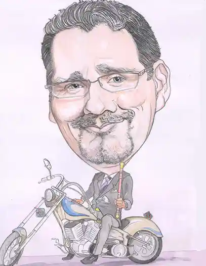 karikatúra pán sedi na motorke