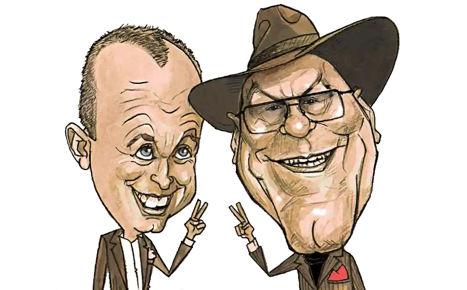 Umelecká karikatúra dvoch pánov, jeden z nich má štýlový klobúk, kreslené naživo na akci