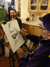 Karikatúra muža na mieru podľa fotografie so záľubou v rybárčení, štýl digitálna kresba.