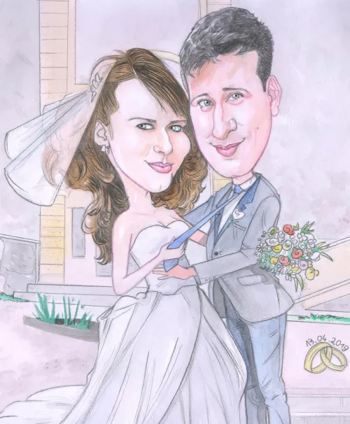 Farebná svadobná karikatúra novomanželov z fotky ako originálny darček k svadbe.