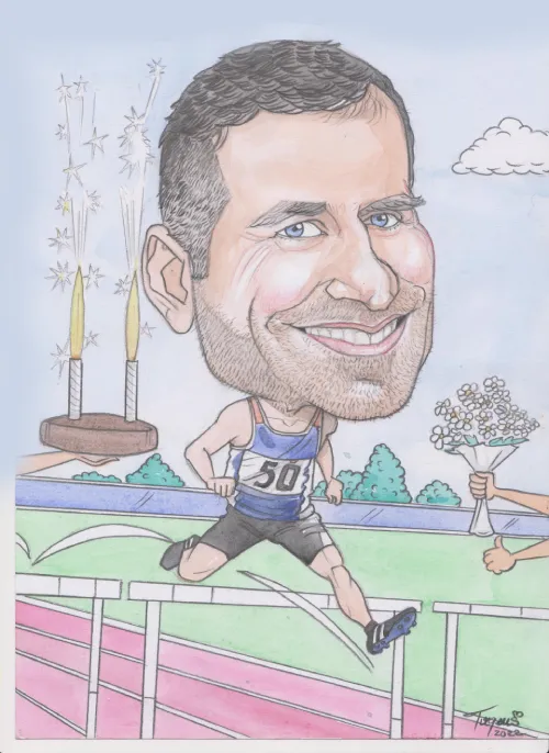 Farebná skupinová karikatúra k 50. narodeninám, kde pán skáče cez prekážky.