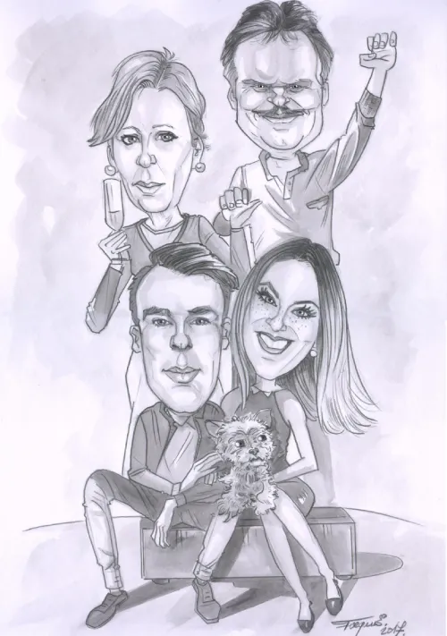 Detailná skupinová karikatúra viacerých osôb kreslená na zákazku