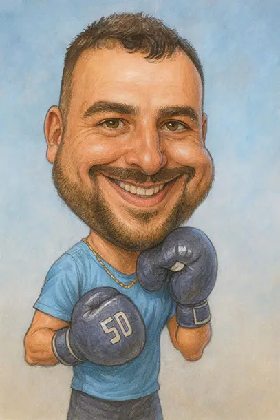 Farebná karikatúra boxera ako narodeninový darček z fotky.